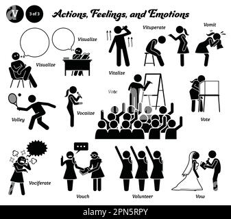 Stick figure human people man action, feelings, and emotions icons alphabet V. Visualize, vitalize, vituperate, vomit, volley, vocalize, vote, vocifer Stock Vector
