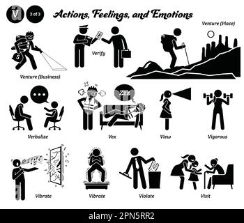Stick figure human people man action, feelings, and emotions icons alphabet V. Venture, business, place, verify, verbalize, vex, view, vigorous, vibra Stock Vector