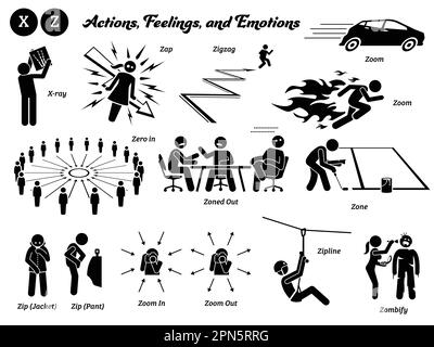 Stick figure human people man action, feelings, and emotions icons alphabet Z. X-ray, zap, zigzag, zoom, zero in, zoned out, zone, zip, jacket, pant, Stock Vector