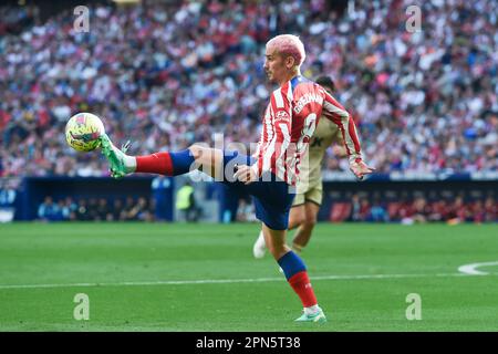 Madrid, Spain. 16th Apr, 2023. Atletico de Madrid's Antoine Griezmann competes during a Spanish La Liga football match between Atletico de Madrid and UD Almeria in Madrid, Spain, on April 16, 2023. Credit: Gustavo Valiente/Xinhua/Alamy Live News Stock Photo