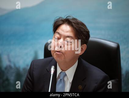 Karuizawa, Japan. 17th Apr, 2023. Hayashhi Yoshimasa, Foreign Minister of Japan, opens the First Working Session focusing on the Indo-Pacific at the G7 Foreign Ministers' Meeting at the Karuizawa Prince Hotel. Credit: Soeren Stache/dpa/Alamy Live News Stock Photo