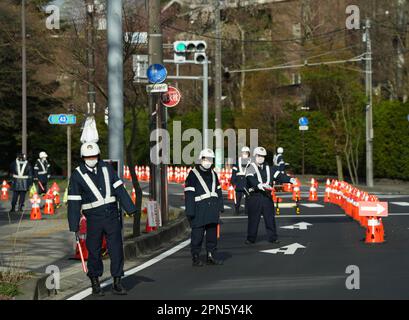 Karuizawa, Japan. 17th Apr, 2023. Police officers check the access road to the meeting of the foreign ministers of the G7 countries. Credit: Soeren Stache/dpa/Alamy Live News Stock Photo