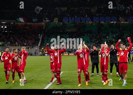 Milan, Italy. 15th Apr, 2023. Italy, Milan, apr 15 2023: players of AC Monza after the victory greet the fans in the stands at the end of FC INTER vs AC MONZA, Serie A 2022-2023 day30 at San Siro stadium (Photo by Fabrizio Andrea Bertani/Pacific Press) Credit: Pacific Press Media Production Corp./Alamy Live News Stock Photo