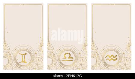 Libra, Aquarius, Gemini, astrological air zodiac signs, set of vintage story cards with copy space for text, boho design in natural colors with golden Stock Vector
