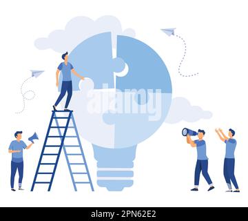people with lightbulb puzzle, business concept. Team metaphor. people connecting puzzles, flat vector modern illustration Stock Vector