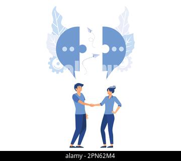businessmen discuss social networks, news, social networks, chat, dialogs, speech bubbles, thoughts puzzle vector, flat vector modern illustration Stock Vector