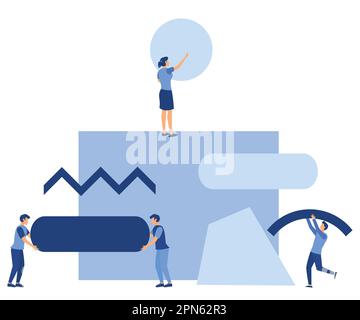 A team of people assemble an abstract geometric puzzle. characters collect geometric shapes, flat vector modern illustration Stock Vector