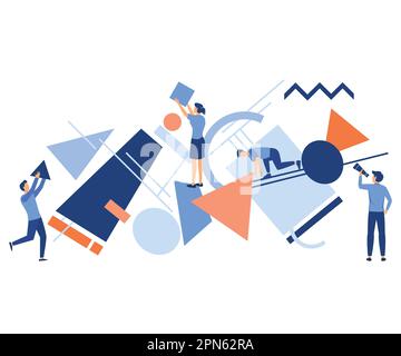 A team of people assemble an abstract geometric puzzle. characters collect geometric shapes, flat vector modern illustration Stock Vector