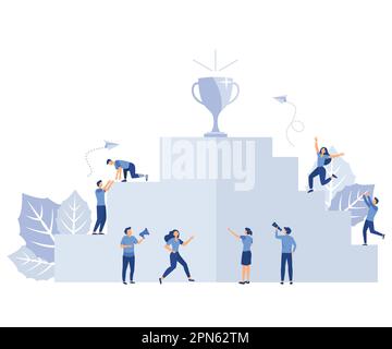 career development concept, businessmen climb the ladder to the goal in the form of a golden cup, flat vector modern illustration Stock Vector