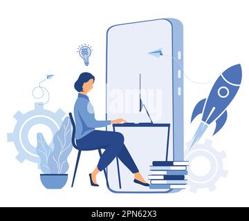 work from home on the internet, creative space, self-isolation, freelancer working on laptop, online team work in startup, flat vector modern illustra Stock Vector