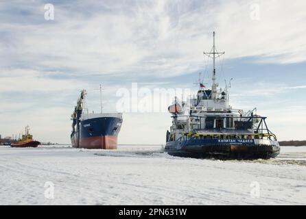 April, 2023 - Arkhangelsk. Dry cargo ship 'Bering' and icebreaker 'Captain Chaadaev'. Icebreaking operations on the Northern Dvina River. Russia, Arkh Stock Photo