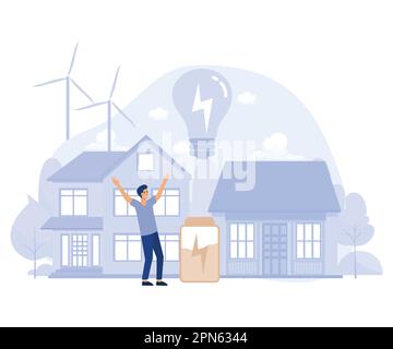 Clean green energy concept, Alternative energy, sustainable eco system, renewable sources, wind turbine, solar panels, green economy, flat vector mode Stock Vector