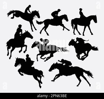 Jockey riding horse silhouettes. Good use for symbol, logo, web icon, mascot, or any design you want. Easy to use. Stock Vector