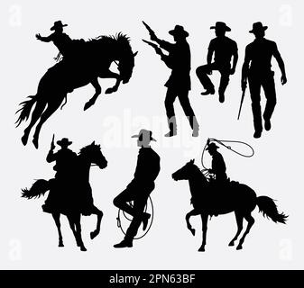 Cowboy activity silhouettes. Good use for symbol, logo, web icon, mascot, or any design you want. Easy to use. Stock Vector