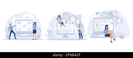 Website optimization concept, Sitemap creation, copy optimization, click tracking, SEO analytics software, online business, target keyword, set flat v Stock Vector