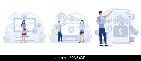 Digital money concept, Cryptocurrency market, digital currency, electronic wallet, e-money transfer, set flat vector modern illustration Stock Vector