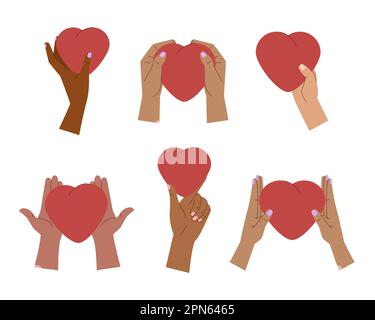 Womens hands hold red hearts. Concept of sharing love with people Stock Vector