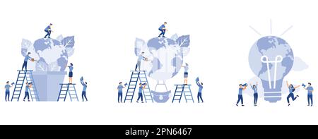 Earth day concept, people prepare for the day of the environment, a balloon in the form of a planet, save energy and planet, flat vector modern illust Stock Vector