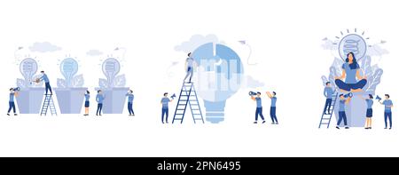 business concept analysis, people grow potted plants, people with lightbulb puzzle, meditation during working hours, flat vector modern illustration Stock Vector