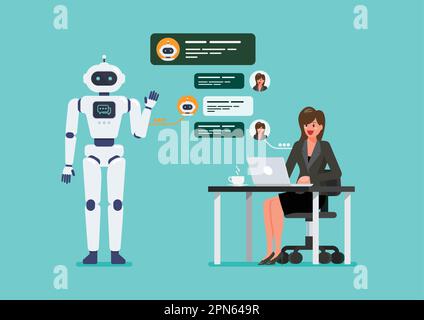 Business woman is chatting with chatbot. artificial intelligence chat bot developed by tech company. Vector illustration Stock Vector