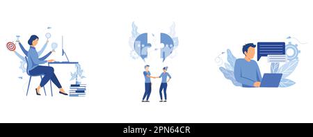 virtual business assistant, multifunctional worker, businessmen discuss social networks, customer service, online global technical support 24/7, set f Stock Vector