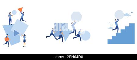 A team of people assemble an abstract geometric puzzle, Concept of innovation in business, winning strategy, Businessman pushing sphere and leading th Stock Vector