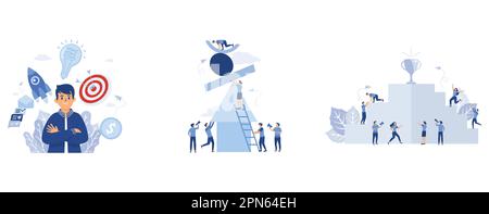 leader success working multitasking, creative metaphor financial pyramid or marketing pyramid, career planning, career development concept, set flat v Stock Vector