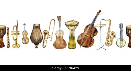 Seamless board of various musical instruments watercolor illustration isolated. Contrabass, drum, trumpet, sax, tambourine hand drawn. Design element Stock Photo