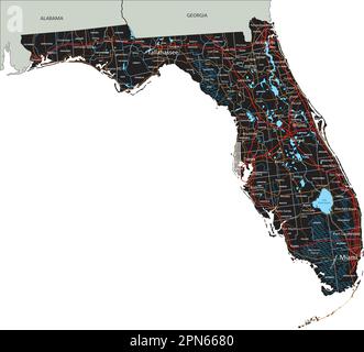 High detailed Florida road map with labeling. Stock Vector