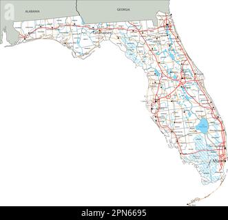 High detailed Florida road map with labeling. Stock Vector