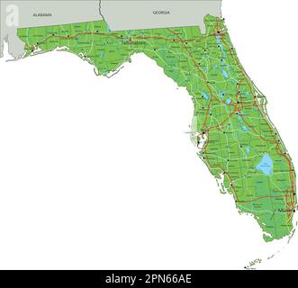 High detailed Florida physical map with labeling. Stock Vector