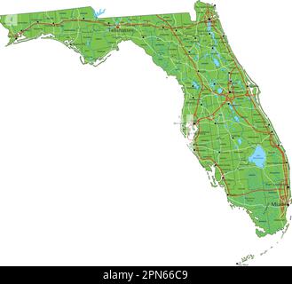 High detailed Florida physical map with labeling. Stock Vector