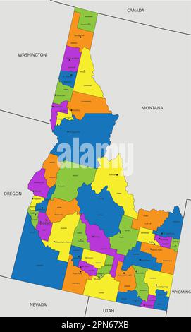 Colorful Idaho political map with clearly labeled, separated layers. Vector illustration. Stock Vector