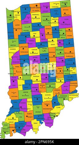 Colorful Indiana political map with clearly labeled, separated layers. Vector illustration. Stock Vector