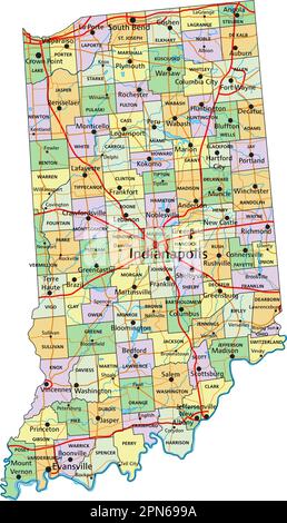 Indiana - Highly detailed editable political map with labeling. Stock Vector