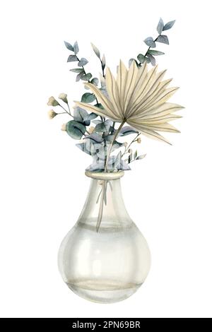 Eucalyptus branches, dry palm leaf and flowers in transparent glass vase. Watercolor hand drawn interior home decor illustration isolated on white bac Stock Photo