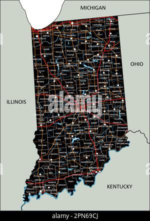 High detailed Indiana road map with labeling. Stock Vector