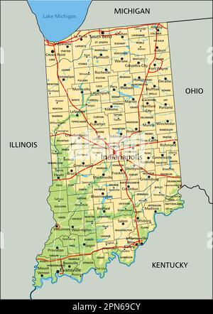 High detailed Indiana physical map with labeling. Stock Vector