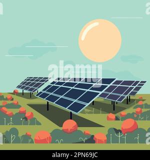 solar energy panels in a field minimalist vector illustration Stock Vector
