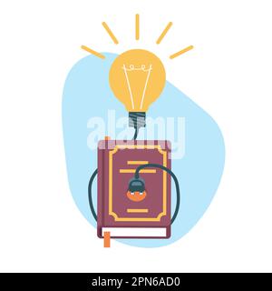 Book with light bulb idea above it, concept of gaining knowledge from books. Finding solution, innovation lamp, vector cartoon flat creative Stock Vector