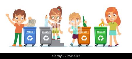 Children throw sorted trash in cans with recycling signs. School kids separating waste in plastic color dumpsters. Taking care of environment, cartoon Stock Vector