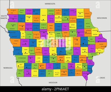 Colorful Iowa political map with clearly labeled, separated layers ...