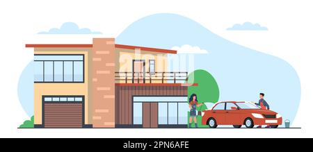 Couple washes car in front of country house. Family cleaning automobile outdoors using shampoo and hose. Clearing vehicle on home yard, cottage facade Stock Vector