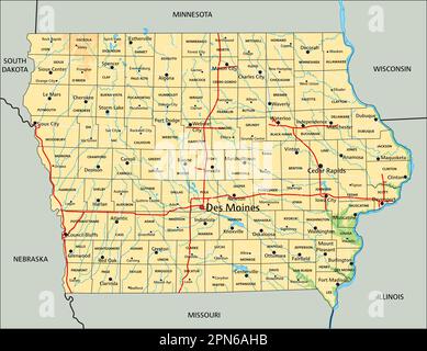 High detailed Iowa physical map with labeling. Stock Vector