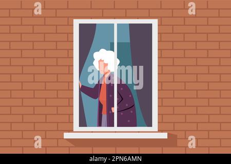 Elderly woman alone, sad elderly female character looking out window of her house. Unhappy or sad grandmother feels lonely, suffering from depression Stock Vector