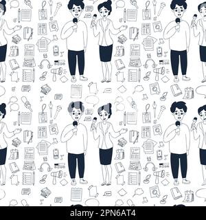 Seamless pattern with journalism profession. Man journalist and woman reporter with microphone on white background. Vector illustration with doodle st Stock Vector