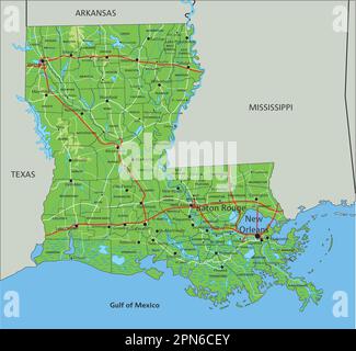 High detailed Louisiana physical map with labeling. Stock Vector