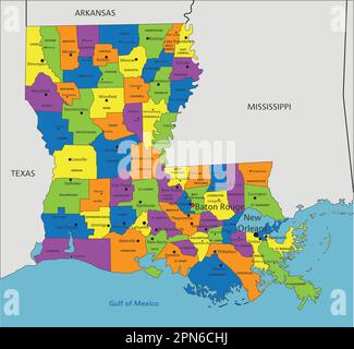 Colorful Louisiana political map with clearly labeled, separated layers ...