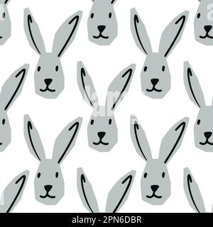 Seamless pattern with hare head illustration in minimalist style on white background Stock Vector