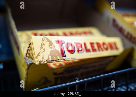 Bangkok, Thailand - March 18, 2023: The Swiss Matterhorn mountain logo on Toblerone chocolate packaging. Stock Photo